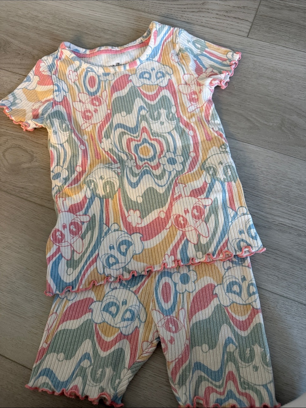 Girls Multicolor Swirl Floral Short Pajama Set - Pink/Blue/Yellow